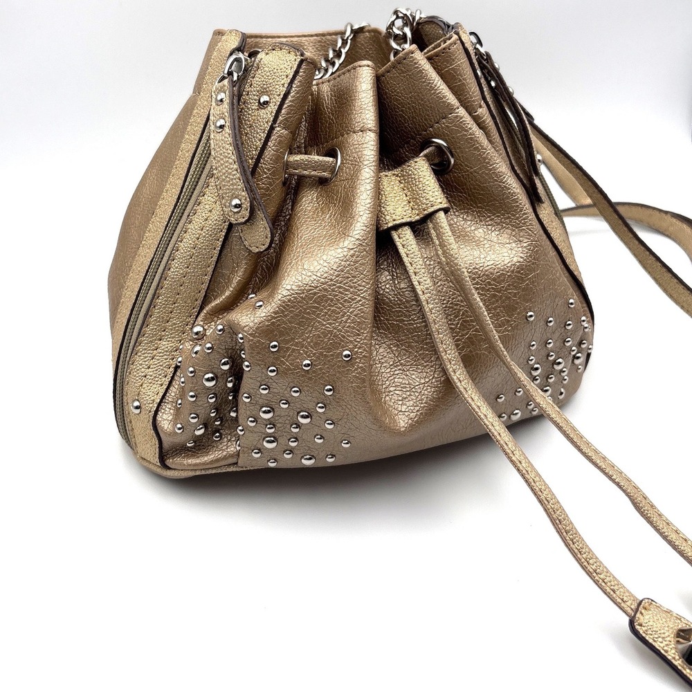 Kathy Van Zeeland Y2K Gold Metallic Studded Bucket Crossbody Shoulder Bag